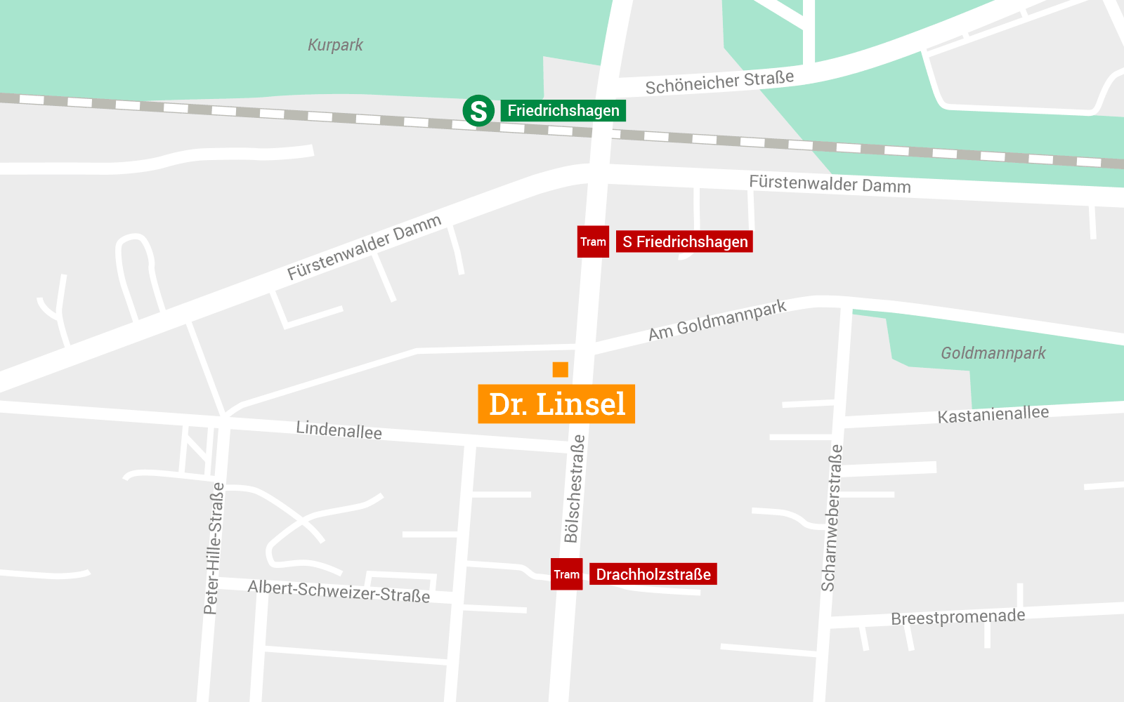 Lage der Hausarztpraxis Dr. Linsel an der Bölschestraße nahe Fürstenwalder Damm in Friedrichshagen